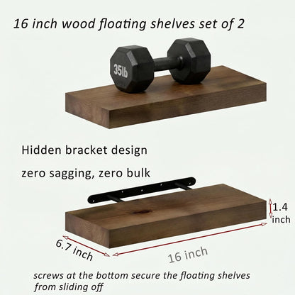 BBE Floating Shelves - Rustic Walnut Wall-Mounted Storage for Bathroom & Living Room | Set of 2, 16 Inch