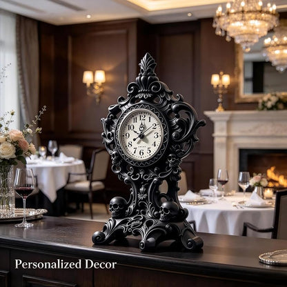 Halloween Skull Wall Clock - Resin Skeleton Tabletop Clock, Black Variant