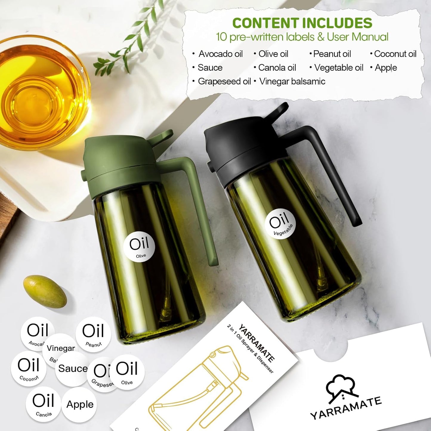 YARRAMATE 2Pcs Dark Green Oil Sprayer - Food-Grade 2-in-1 Olive Oil Dispenser | 16oz for Cooking & BBQ
