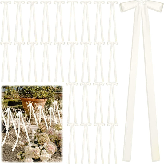 Skiennix 24 Pcs Large Ivory Wedding Ribbon Bows - Elegant Chair Decorations for Ceremonies