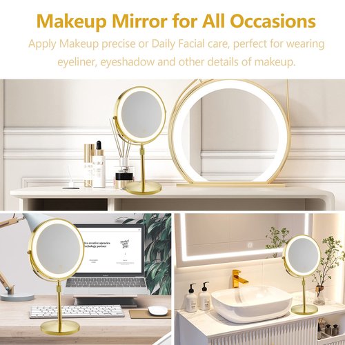HIHIA Tabletop Makeup Mirror Lighted 8 Inch Double-Sided 7X Magnification, Height Adjustable Round Tabletop Mirror Tall, Height Adjustable Cosmetics Gold
