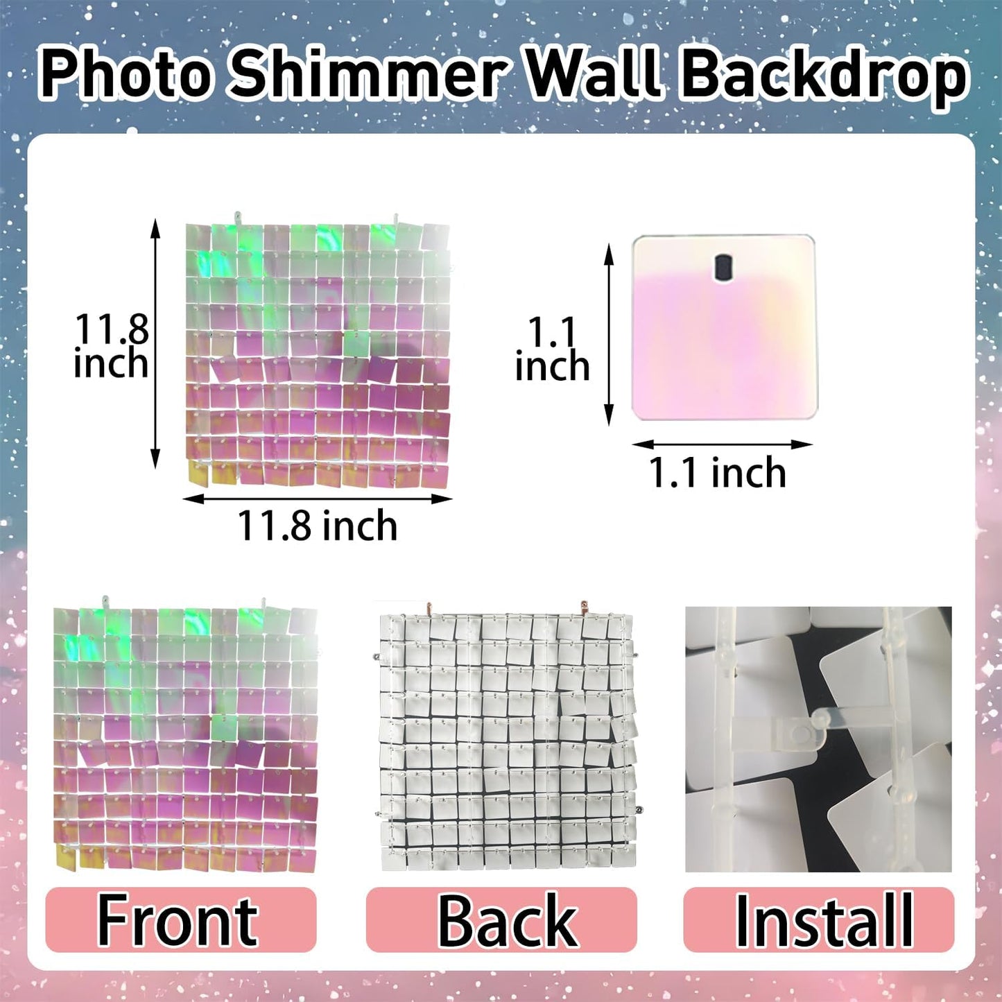 Skiennix 24Pcs Rainbow-Pink Shimmer Wall Backdrop - 12x12 Inch Shiny Sequin Panels for Parties