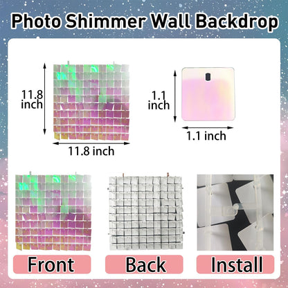 Skiennix 24Pcs Rainbow-Pink Shimmer Wall Backdrop - 12x12 Inch Shiny Sequin Panels for Parties
