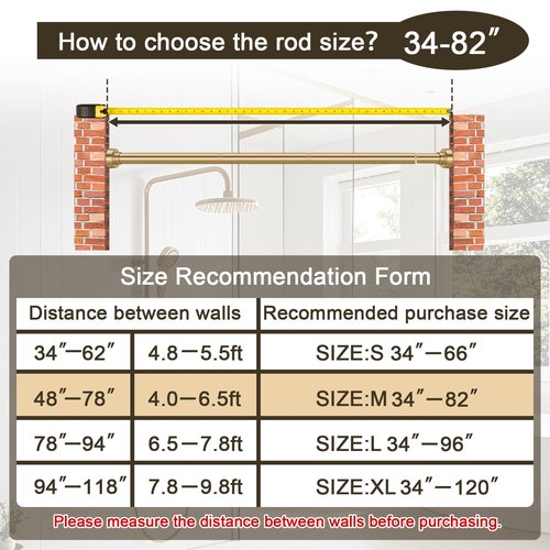 YNL Shower Curtain Rod 34-82 Inches (2.8-6.8ft) Adjustable Spring Shower Rod No Drilling, Non-Slip, Never Rust, Stainless Steel, Suitable for Bathroom Window Living room, Gold