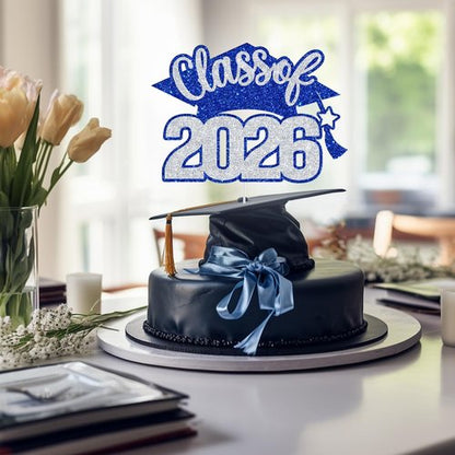 Class of 2026 Cake Topper - Glitter Graduation Decor for High School, College & University - Blue & Silver