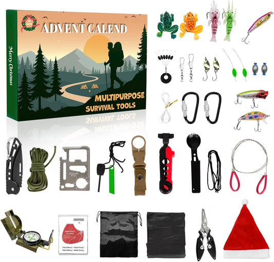 2025 Survival Kit Advent Calendar for Men - 33-Piece Outdoor Gear for Camping, Fishing & Hunting