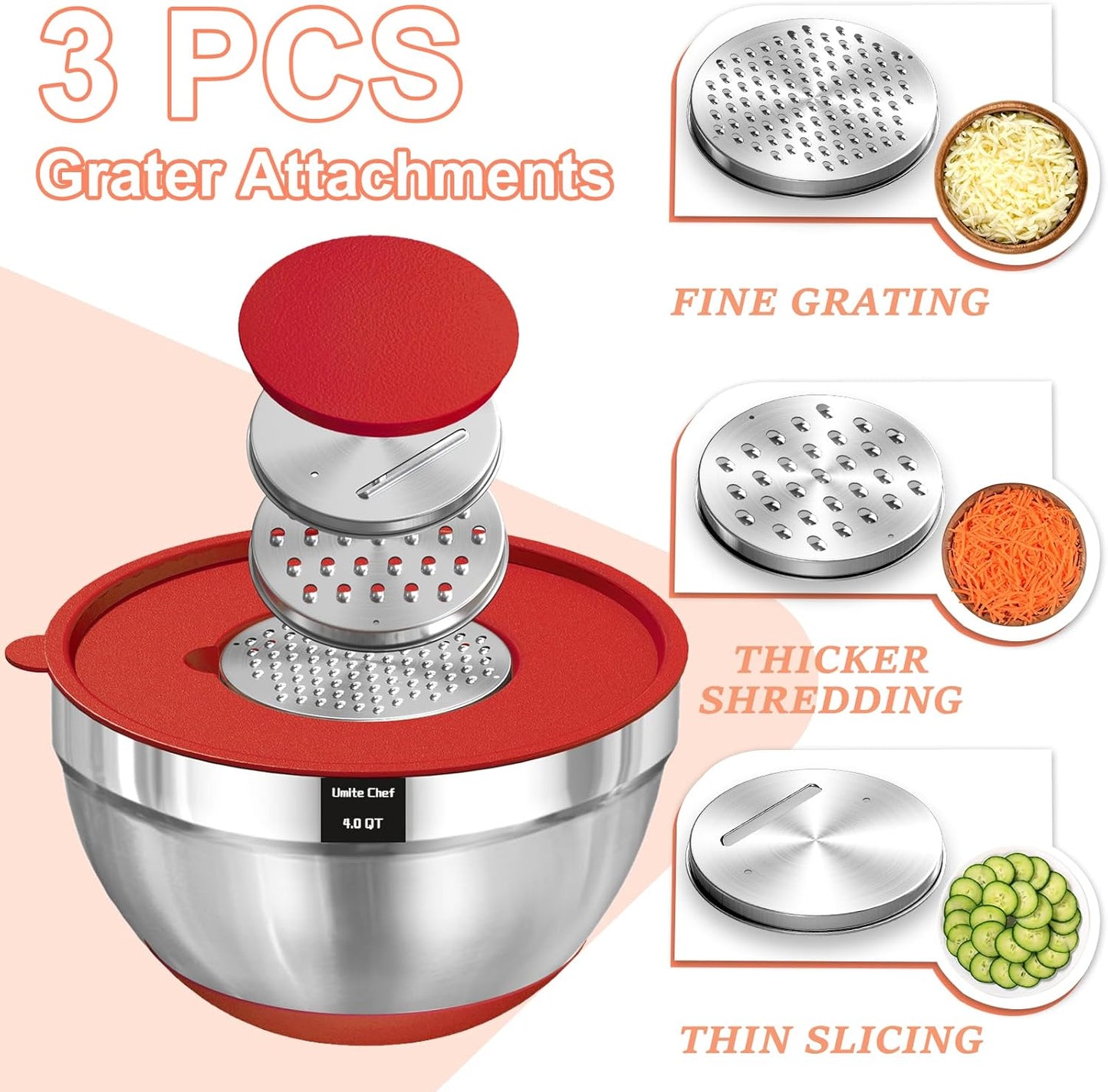 Umite Chef Mixing Bowls Set - 8PCS Stainless Steel with Airtight Lids & Non-Slip Bottoms | 5QT to 1.5QT