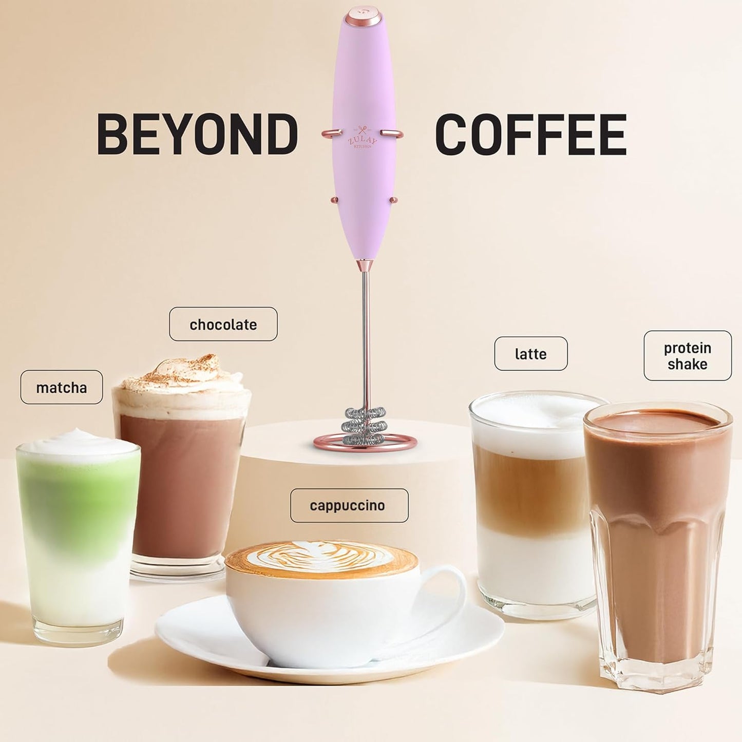 Zulay Kitchen Tornado Triple Whisk Milk Frother - Handheld Foam Maker for Coffee & Lattes - Rose Gold