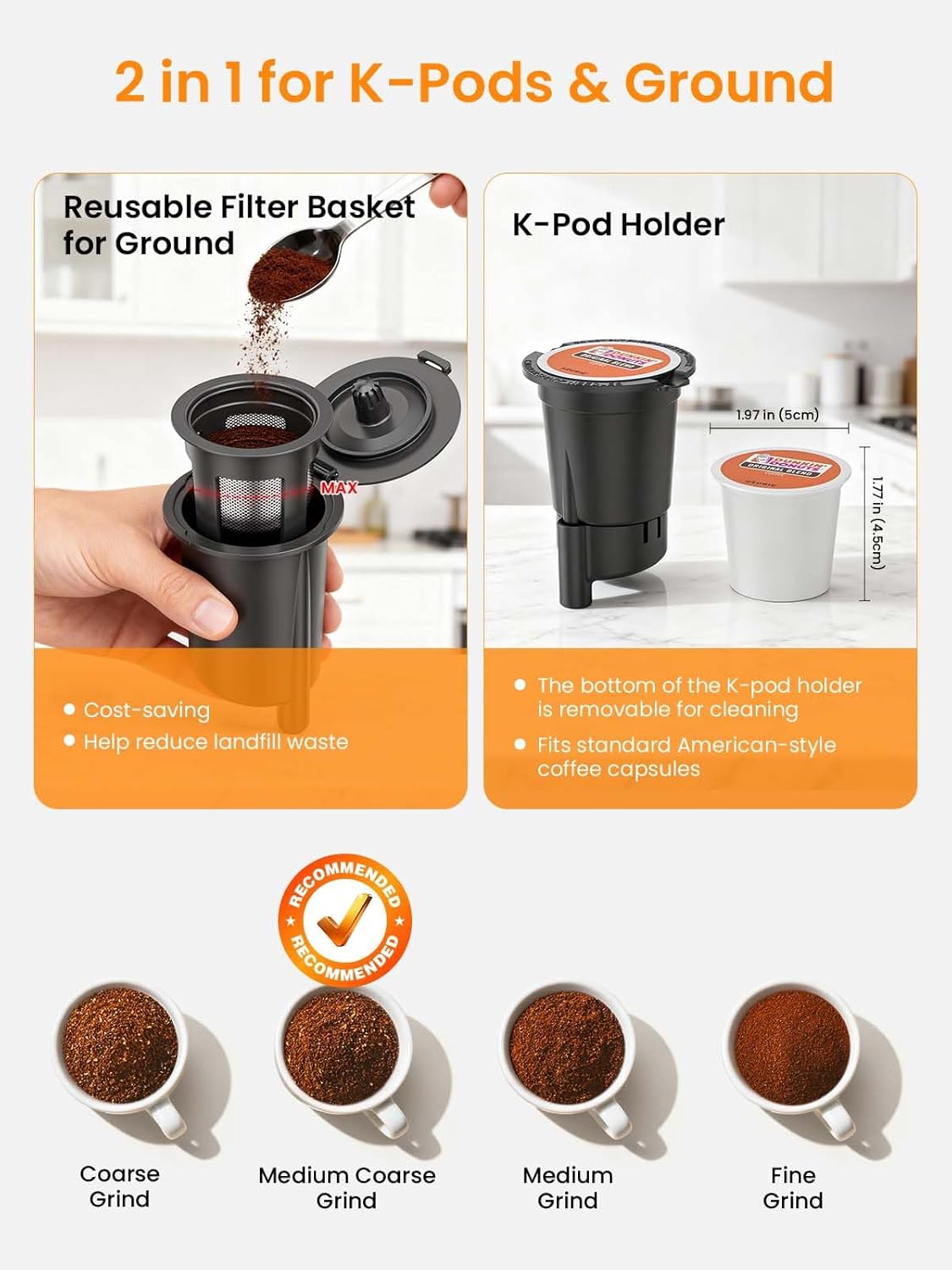 Skiennix K Cup Coffee Maker - Hot & Iced Brewing, 6-14 Oz Sizes, 50 Oz Removable Tank, Stainless Steel, Black