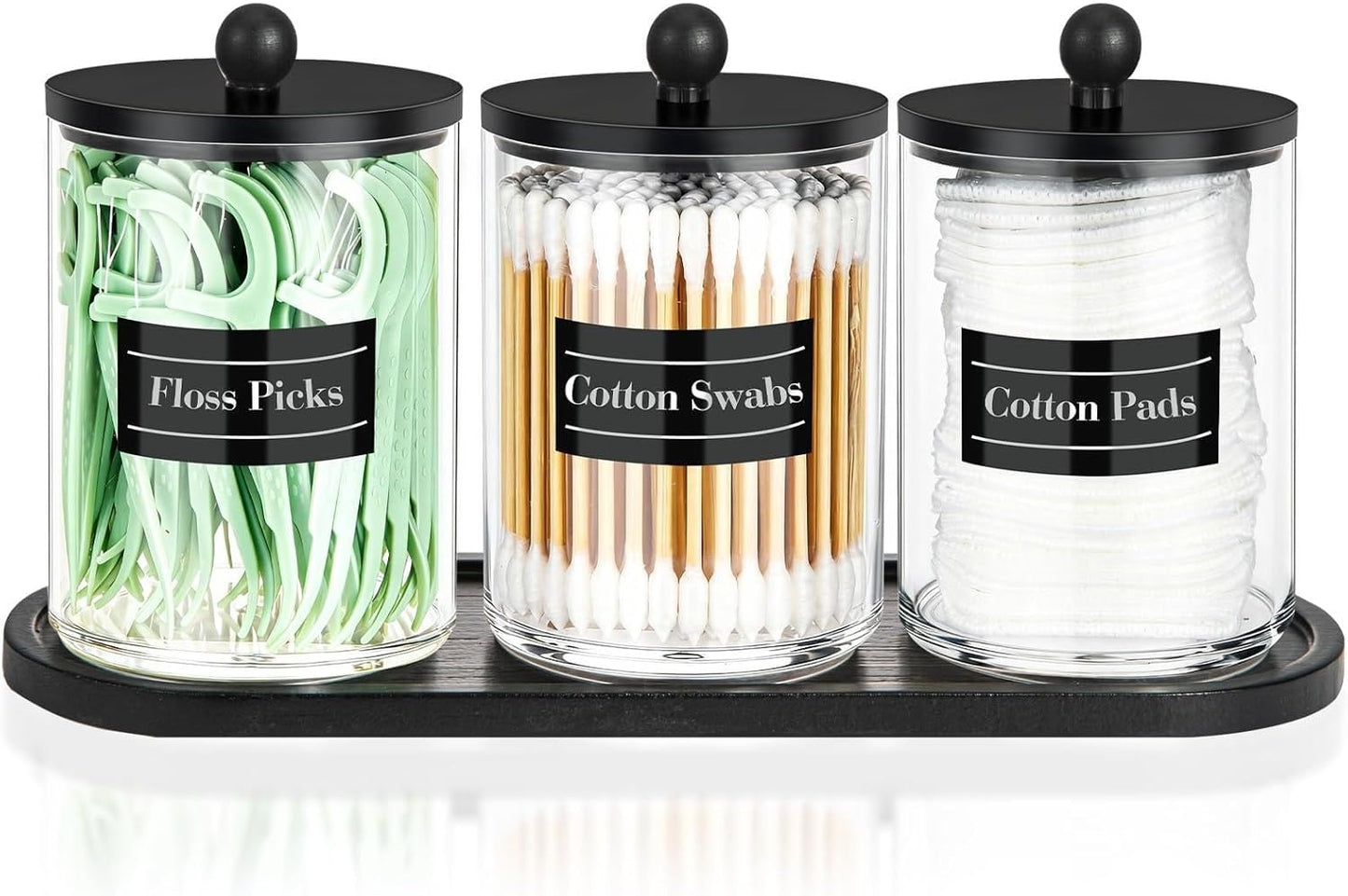 Skiennix Acrylic Qtip Holder Set - 3 Pack 10 oz Clear Canisters with Tray Labels for Bathroom Decor & Storage