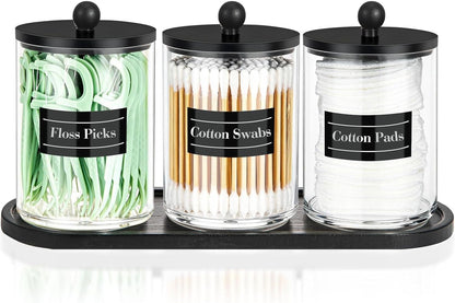 Skiennix Acrylic Qtip Holder Set - 3 Pack 10 oz Clear Canisters with Tray Labels for Bathroom Decor & Storage