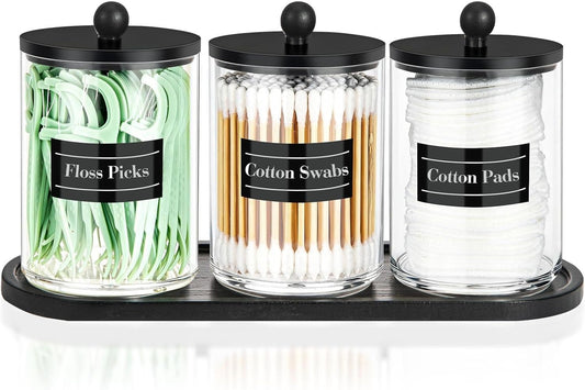 Skiennix Acrylic Qtip Holder Set - 3 Pack 10 oz Clear Canisters with Tray Labels for Bathroom Decor & Storage