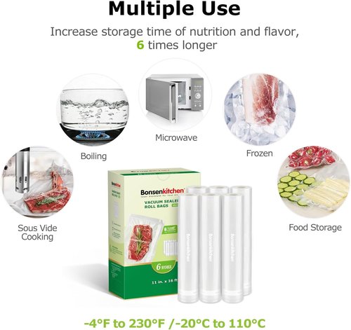 Bonsenkitchen Vacuum Sealer Bags - 6 Rolls of 11" x 16' | BPA-Free, Commercial Grade for Food Storage & Sous Vide