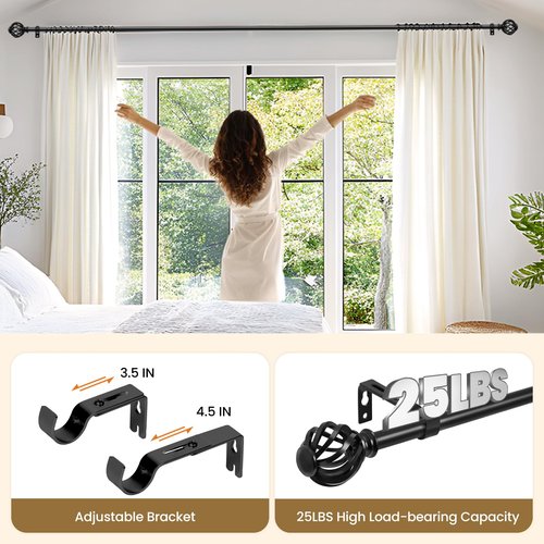 Luvenia Black Decorative Curtain Rod,Adjustable Curtain Rods For Windows 28 to 48 Inch(2.3-4Ft),Small Curtain Rod For Bedroom, Living Room,Kitchen,Farmhouse