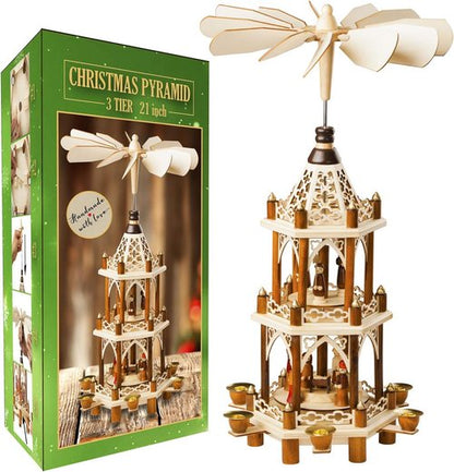 German Christmas Decoration Pyramid - 21-Inch Wood Nativity Scene Set - 3-Tier Carousel with Candle Holders