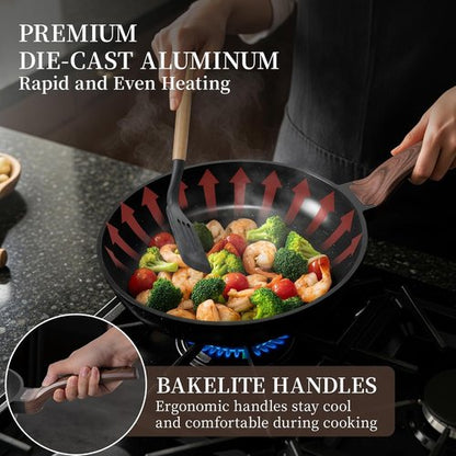 Kikcoin Non-Stick Ceramic Pots and Pans Set - 16 Pieces Induction Cookware Set | Black, Stackable & Safe