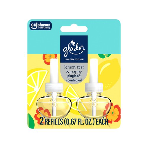 Glade PlugIns Refills Air Freshener, Lemon Zest & Poppy, Scented and Essential Oils for Home and Bathroom, 1.34 Fl Oz, 2 Count