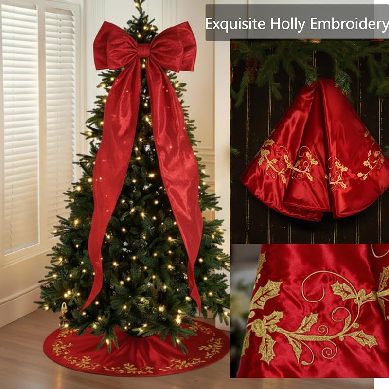 Burgundy 48-Inch Satin Christmas Tree Skirt with Gold Holly Embroidery - Variation of Burgundy