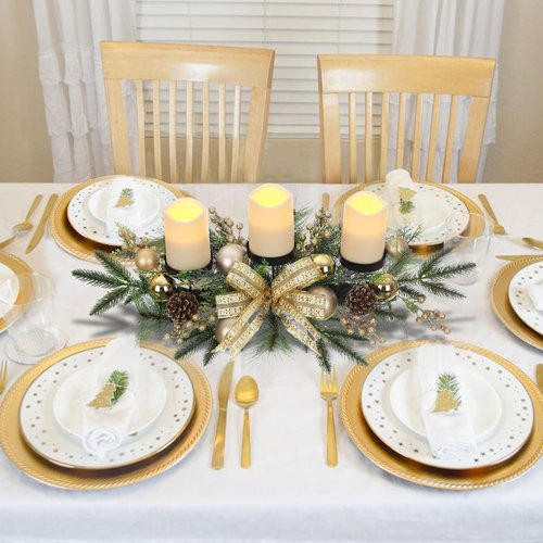 Gold Glittery Christmas Candle Centerpiece - Festive Berries & Pinecones | 27.5 Inch