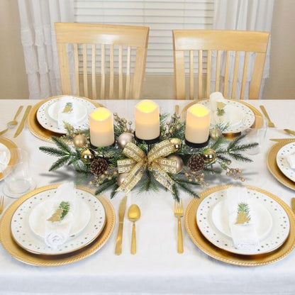 Gold Glittery Christmas Candle Centerpiece - Festive Berries & Pinecones | 27.5 Inch