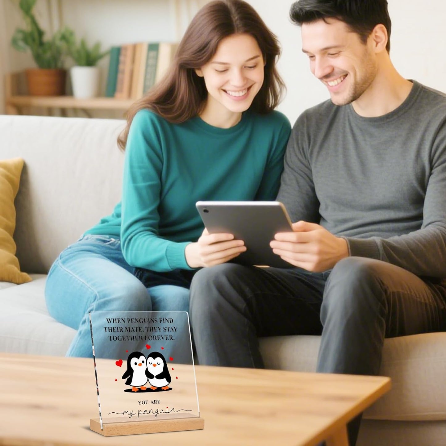 Romantic Penguin Acrylic Plaque - 5.9x5.9 Inch Clear Acrylic Home Decor | Perfect Gift for Couples