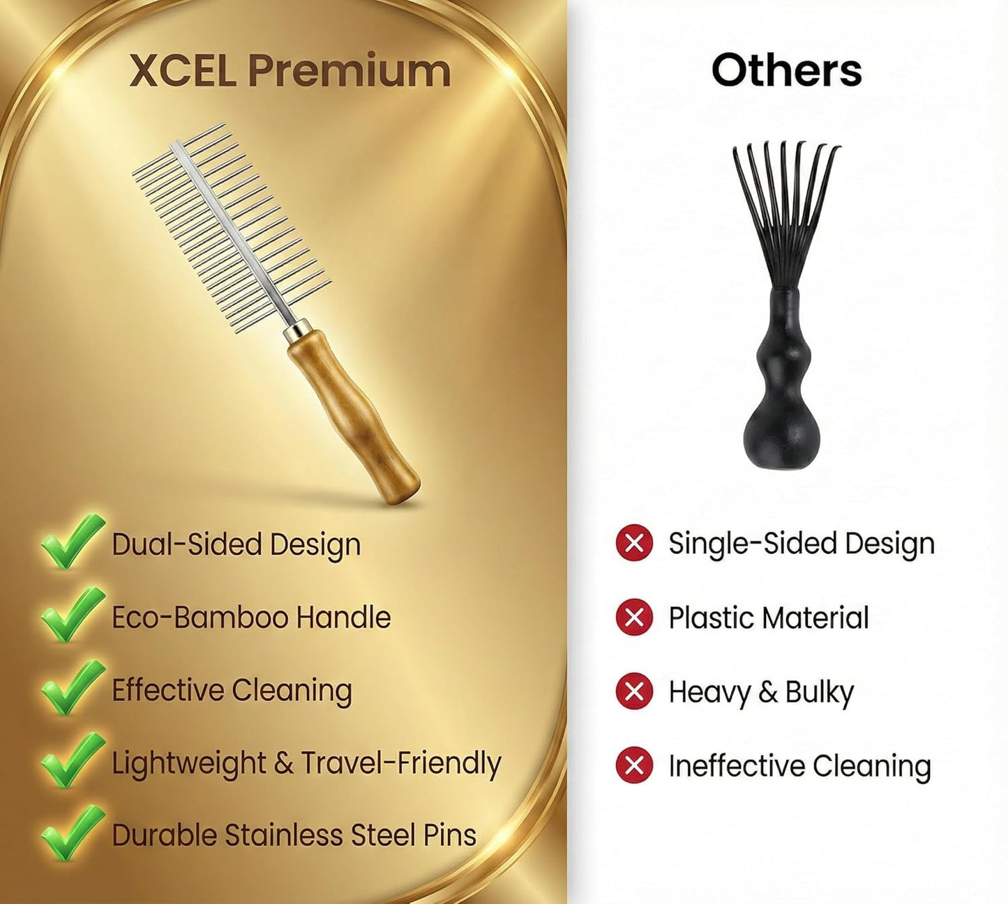 XCEL Hair Brush Cleaner Tool - Dual-Sided Remover Comb for Hair & Dust Buildup | Ideal for Paddle & Boar Bristle Brushes