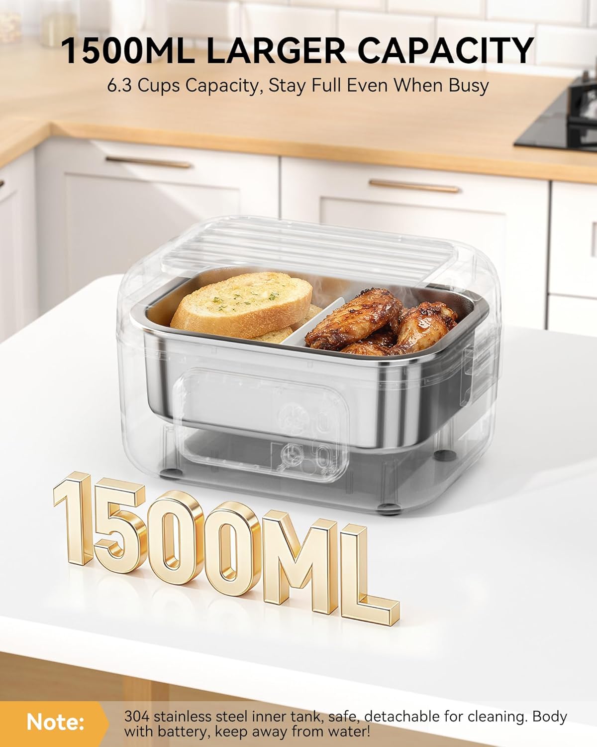 Yofidra Heated Lunch Box - Cordless 24000mAh Electric Food Warmer with Smart Timer | 6.3-Cup Capacity, Black