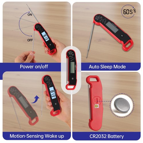 Lonicera Digital Meat Thermometer - Instant Read in 1 Sec | ±0.9℉ Accuracy, Waterproof, Auto-Rotating Display (Red)