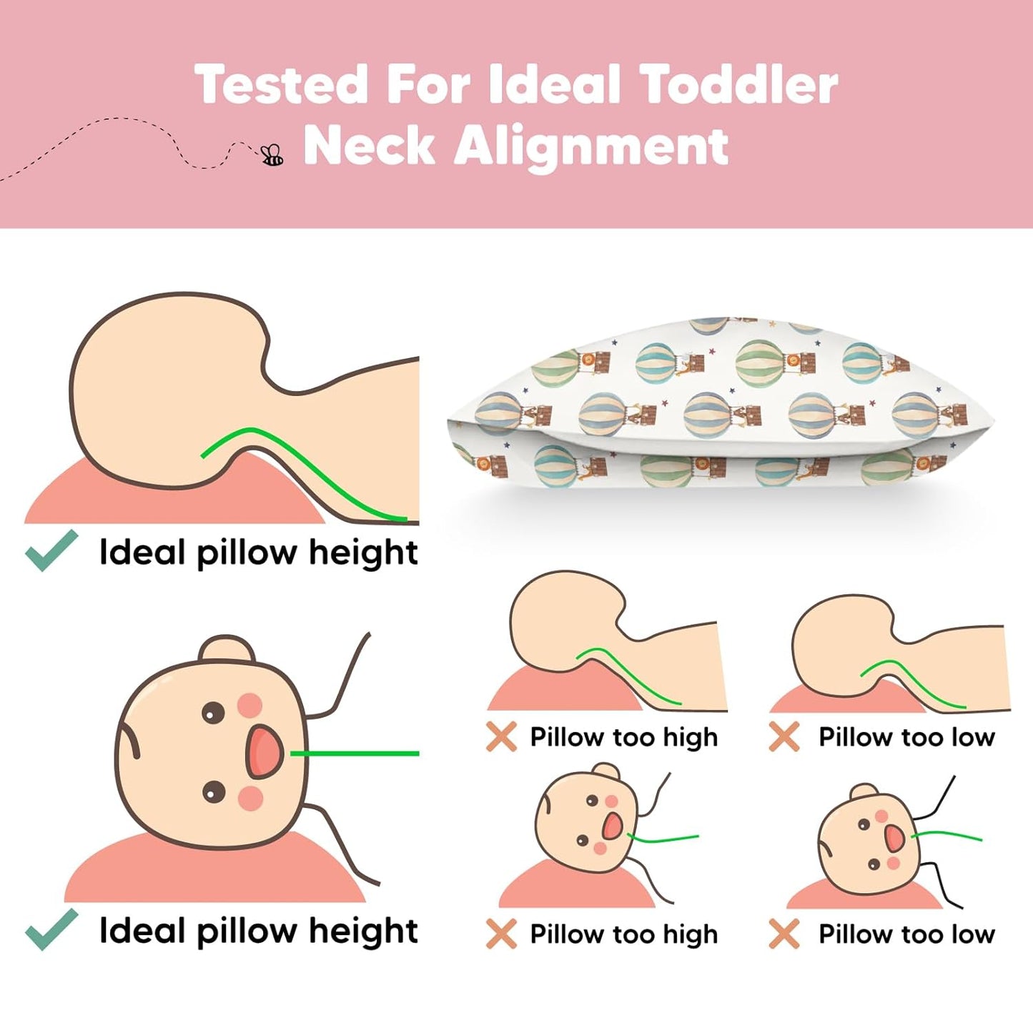 My Little Dreamy Toddler Pillow - Soft Organic Cotton Travel Pillow with Pillowcase | 13x18, Machine Washable, Hot Air Balloon Design