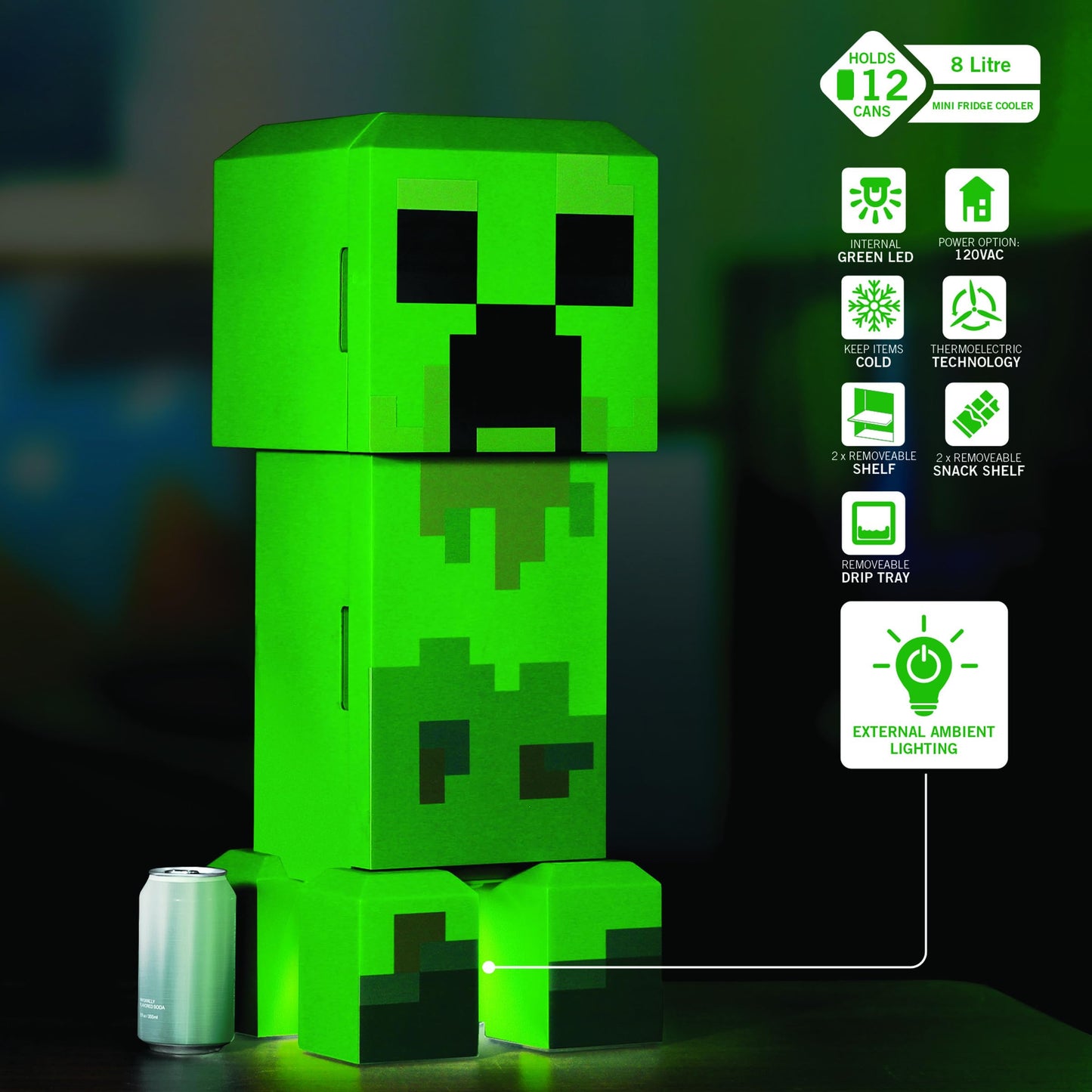 Ukonic Minecraft Legends Creeper 12 Can Mini Fridge AC/DC