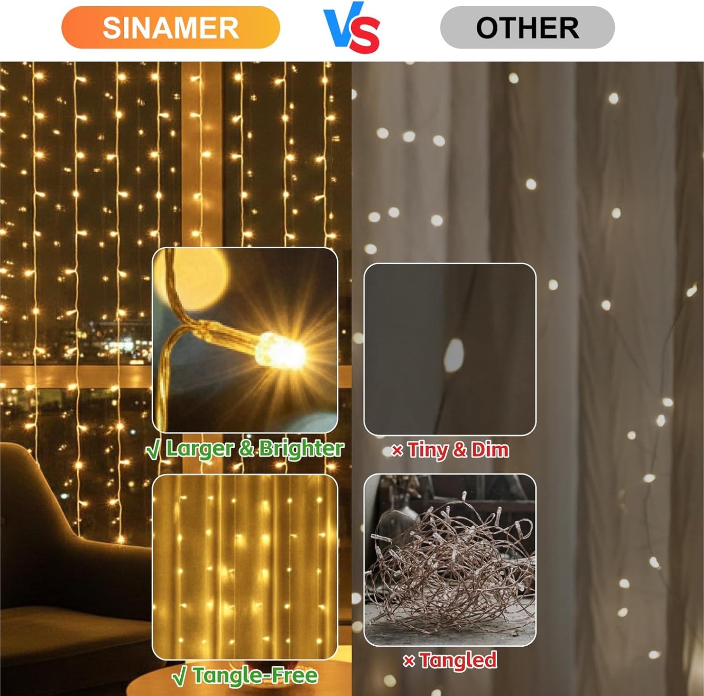 Skiennix Curtain Light - 200 LED Warm White Fairy String Lights | 6.6x6.6ft, 8 Modes for Home Decor