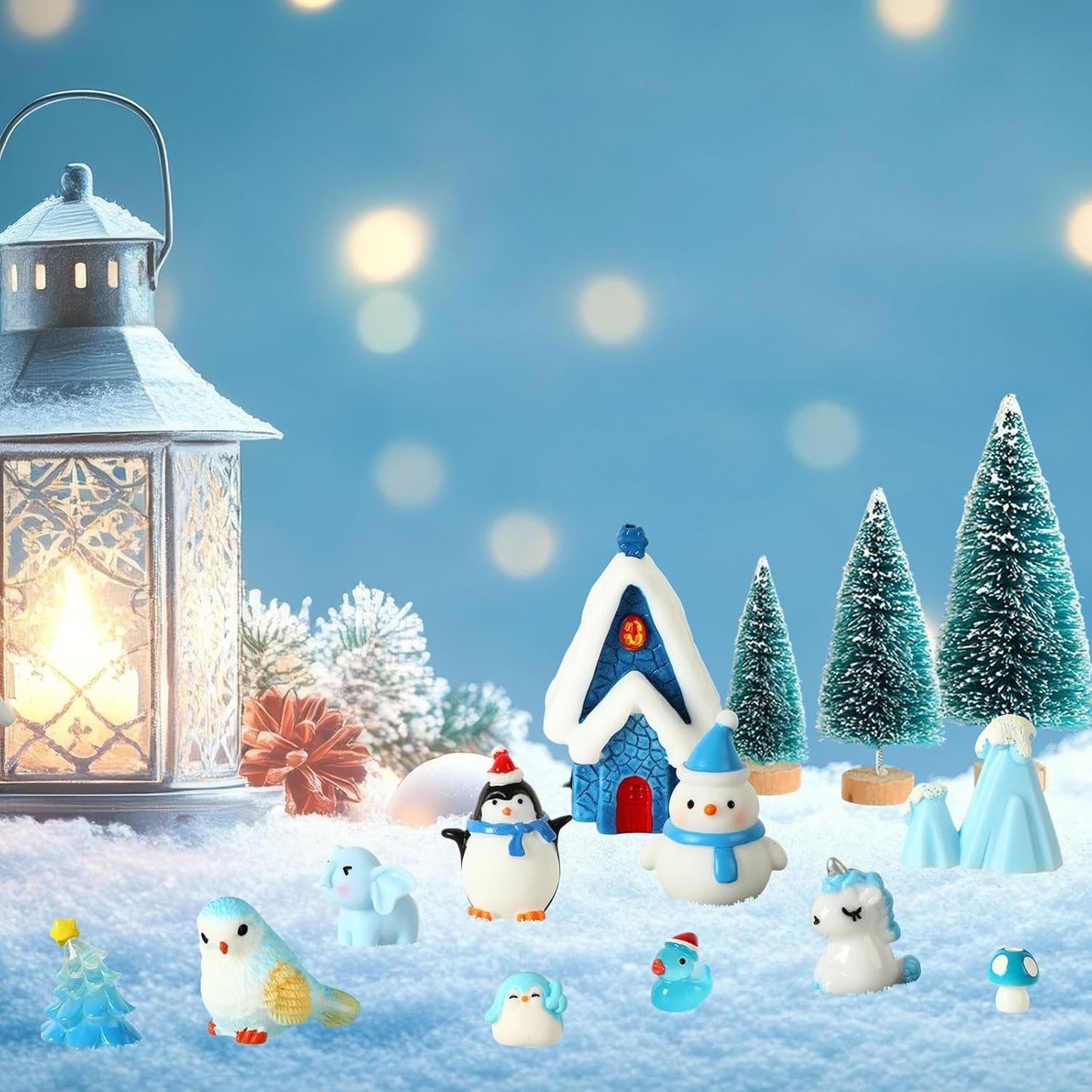 PETKNOWS Miniature Winter Figurines - Blue Ice Cube Ornaments for Christmas Tree & Desktop Decor