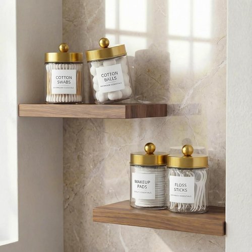 Amolliar Q-Tips Dispenser Holder - Elegant Glass Apothecary Jars with Gold Lid | 4-Pack Bathroom Organizer