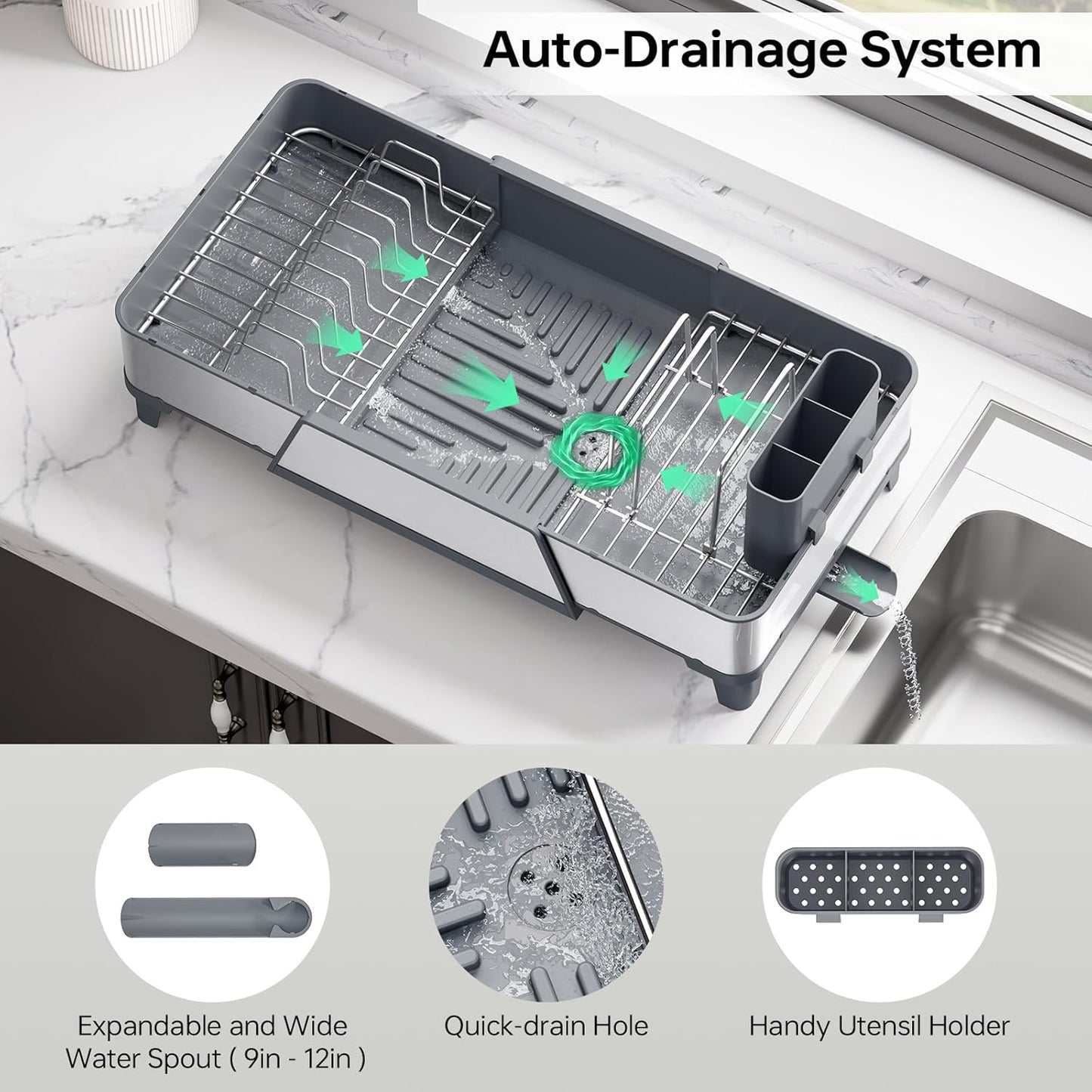 Skiennix Large Dish Drying Rack - Triple Expandable Stainless Steel Kitchen Organizer | Gray with Utensil & Pans Holder