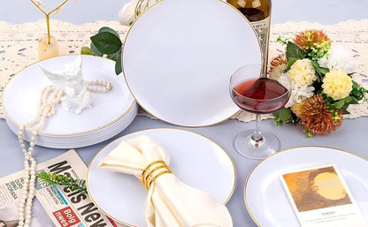 White with Gold Rim 9 Inch Plastic Dinner Plates - 50 Pack, Disposable Party & Wedding Plates