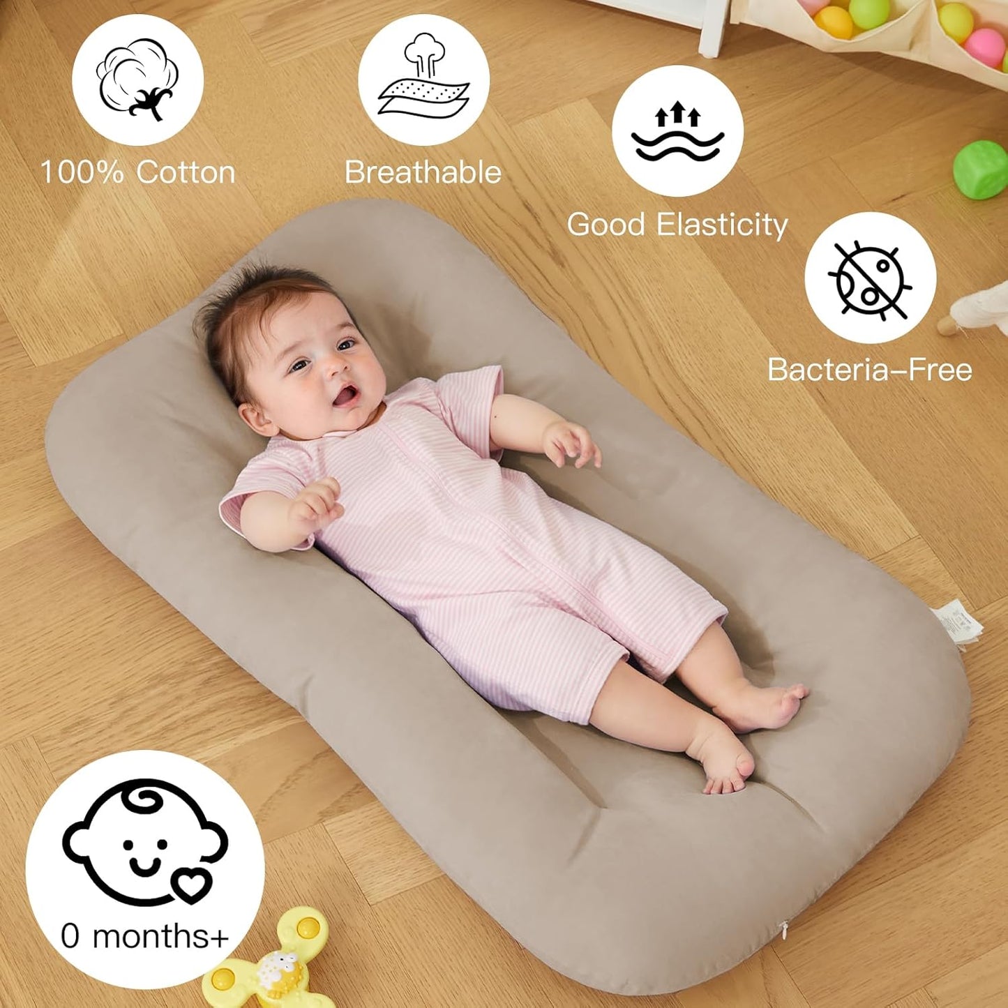 Baby Lounger - Bionic Design for Newborns | Soft Organic Cotton, Breathable for Infants 0-18 Months (Cream Grey)