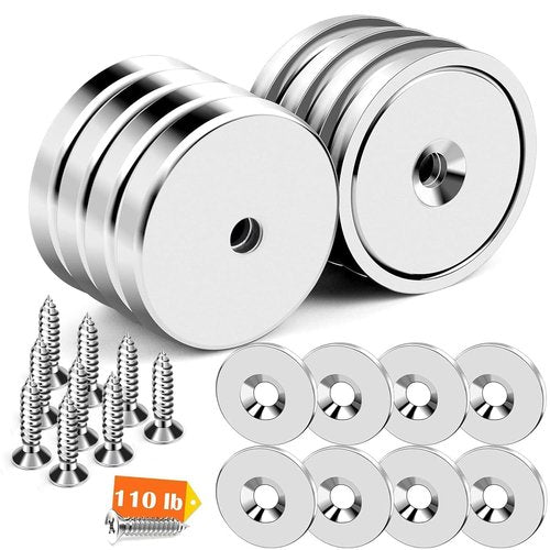 DIYMAG Strong Neodymium Magnets - 8 Pack 110LBS Silver Round Cup with Countersunk Hole & Screws | Magnetic Base for Office & Wall Mounting
