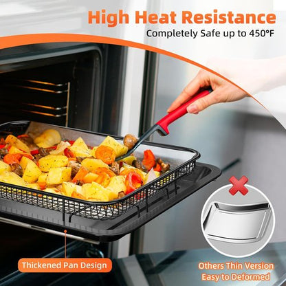 DEGOVIN Air Fryer Pans - Non-Stick Stainless Steel Crisper Tray with Cooking Guide & 30 Parchment Papers | 15.8" x 11" - Black