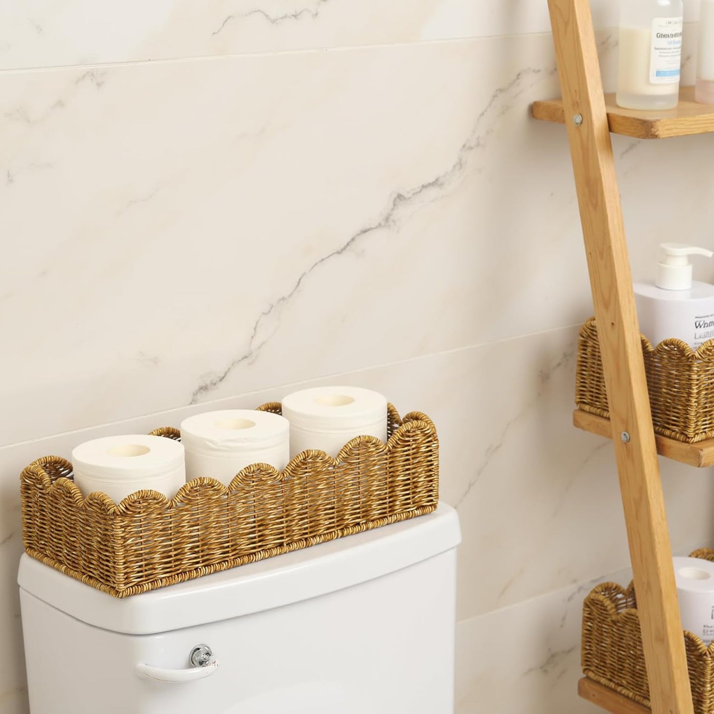 Scalloped Toilet Paper Basket - Handmade Water-Resistant Organizer in Natural Tan for Scandinavian Kitchens
