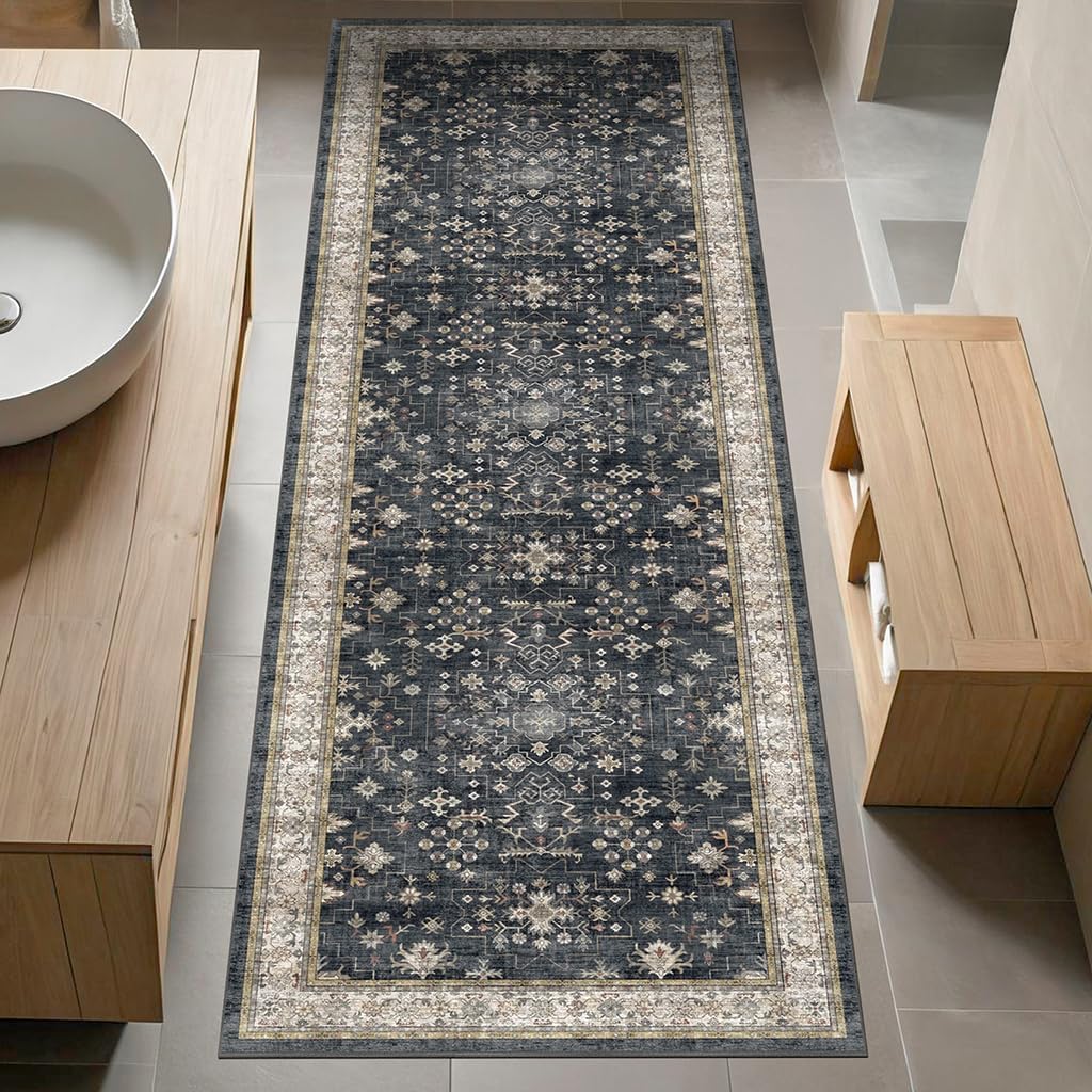 Skiennix Black Boho Runner Rug - Washable, Non-Slip, Stain Resistant | 2x6 ft for Hallway, Kitchen, Bedroom
