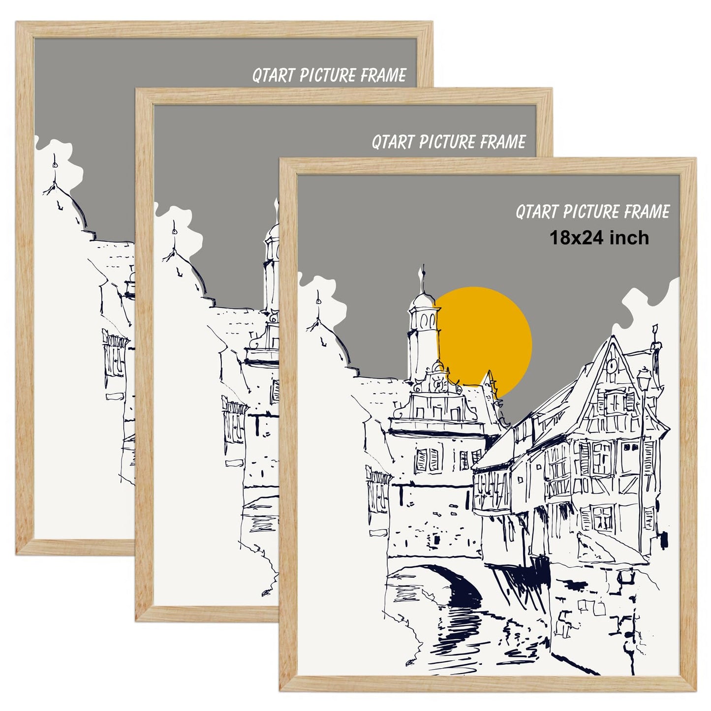 QTART 18X24 Picture Frame, 18x24 Frame Natural Oak Wood Poster Frame for Photo Wall Mounting Tabletop Display, 3pack 18 by 24 Picture Frames