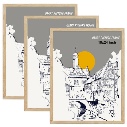 QTART 18X24 Picture Frame, 18x24 Frame Natural Oak Wood Poster Frame for Photo Wall Mounting Tabletop Display, 3pack 18 by 24 Picture Frames