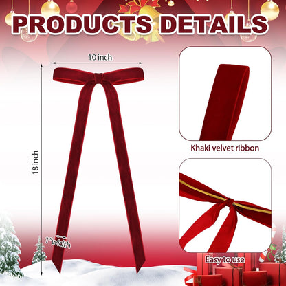 Skiennix 24 Pcs Velvet Bows - Vintage Ribbon Bows for Christmas Tree & Crafts | Dark Red, 10 x 18 Inch