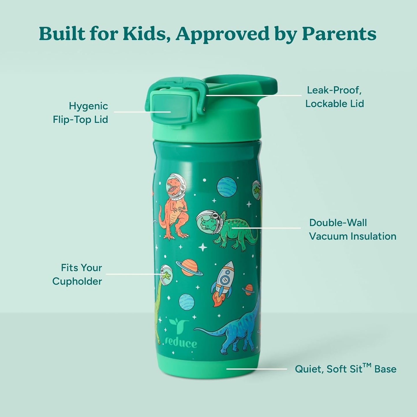 Reduce Hydrate Pro Kids 14oz Stainless Steel Water Bottle - Spill Proof Tumbler with Straw | 30-Hour Cold Retention - Jurassic Space Design