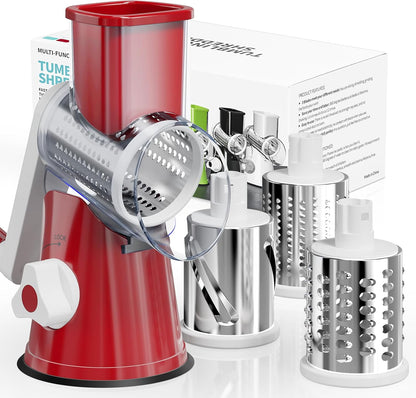 Rotary Cheese Grater - Hand Crank Slicer & Shredder with 3 Blades | Multi-Functional Kitchen Tool in Red