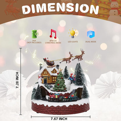 Vipush Christmas Village House Decorations - Resin Train Set with LED Lights & 8 Holiday Songs | Flying Santa Figurines
