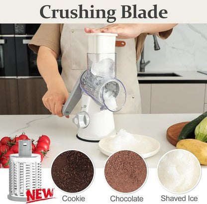 Cambom 5-in-1 Rotary Cheese Grater - Hand Crank Shredder with Non-Slip Base & Five Blades - White