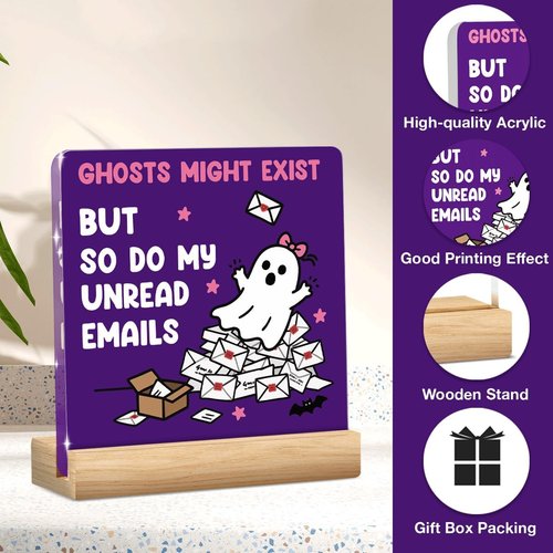 Funny Halloween Office Decor - Cute Ghost Acrylic Sign for Desk | 4x4 Inches - Perfect Work Gift