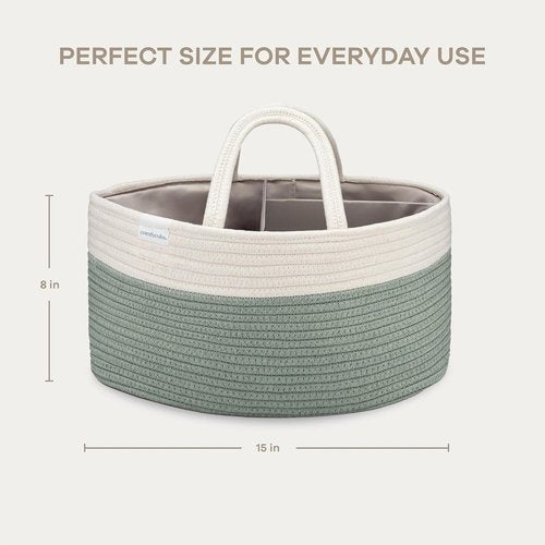 Comfy Cubs Diaper Caddy Organizer - Large 8.5" x 15" x 8" Cotton Basket with 3 Compartments - Stylish Sage Design for Baby Essentials