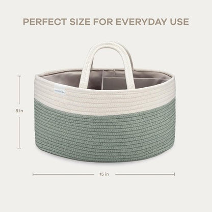 Comfy Cubs Diaper Caddy Organizer - Large 8.5" x 15" x 8" Cotton Basket with 3 Compartments - Stylish Sage Design for Baby Essentials